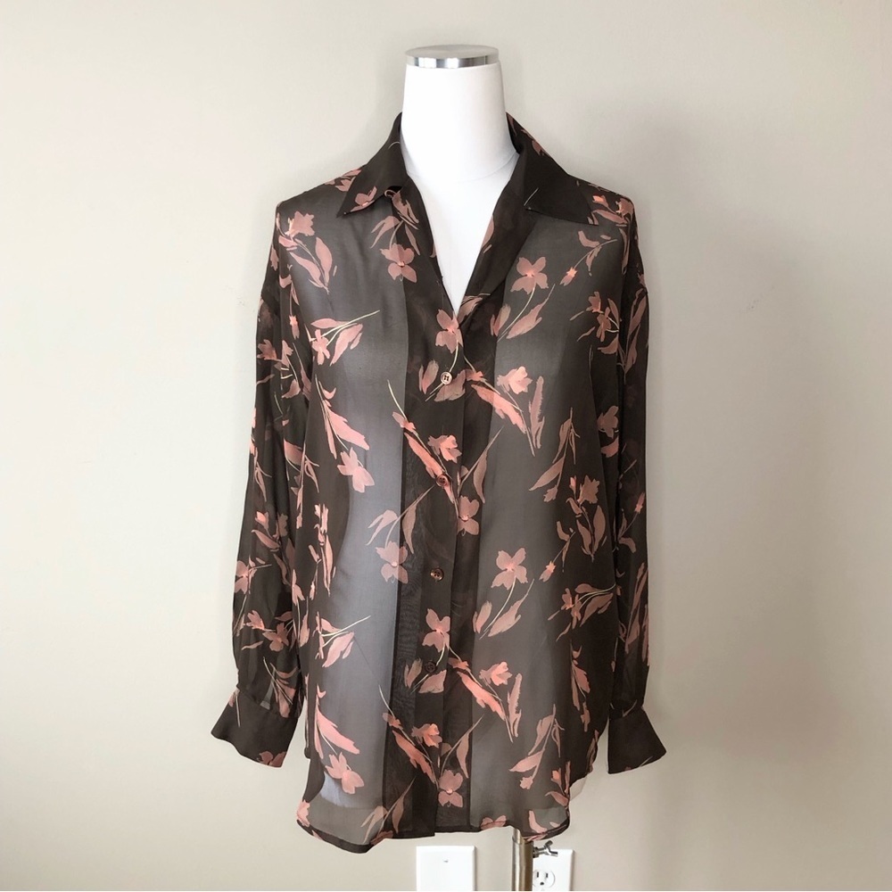 Vintage Brown Floral Sheer Silk Button Down Top S